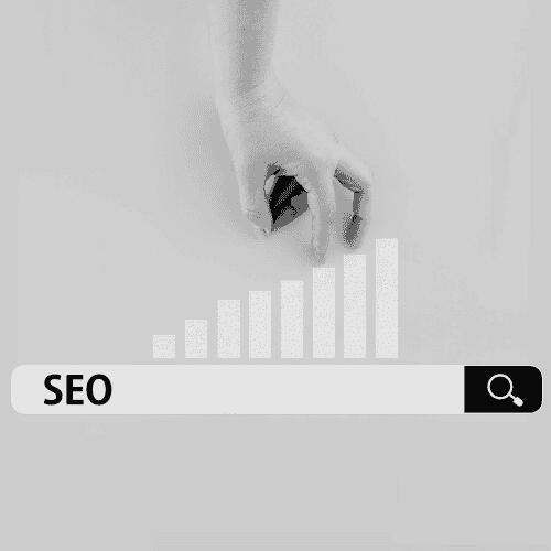 Black and white image of SEO-related icons, representing the importance of search engine optimization for business growth.